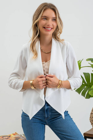 3/4 ROUCHED SLEEVE BLAZER: KHAKI - Just Believe Boutique