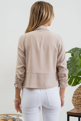3/4 ROUCHED SLEEVE BLAZER: KHAKI - Just Believe Boutique
