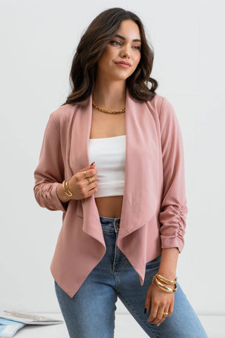 3/4 ROUCHED SLEEVE BLAZER: WHITE - Just Believe Boutique