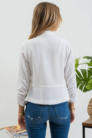 3/4 ROUCHED SLEEVE BLAZER: WHITE - Just Believe Boutique