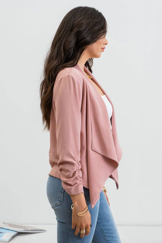 3/4 ROUCHED SLEEVE BLAZER: WHITE - Just Believe Boutique