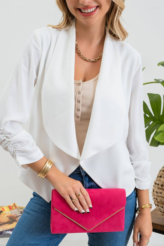 3/4 ROUCHED SLEEVE BLAZER: WHITE - Just Believe Boutique