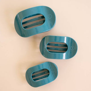 Teleties medium flat round hair clip in Teal With It blue-green, shown as a set