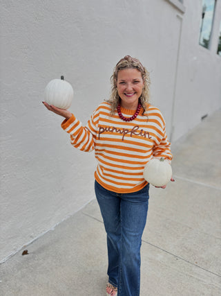 Main Strip - Pumpkin Script Striped Knit Sweater