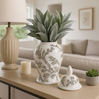 Sagebrook Home - Decorative Jar - White/Brown Ceramic Cherry Blossom, 15 in.