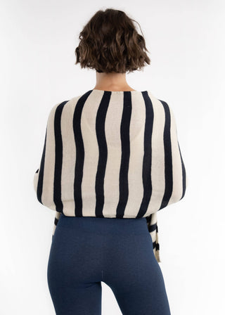 Elietian Line Up Striped Poncho – back view striped poncho with button-front, navy and cream vertical stripes
