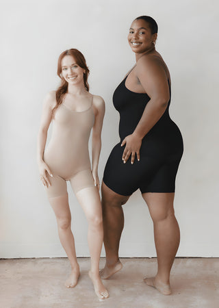 Tan mid-thigh sculpting shapewear bodysuit with thin straps and seamless fit