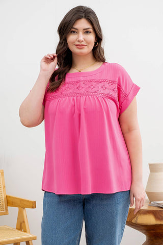 PLUS FLORAL EYELET LACE TOP: PINK