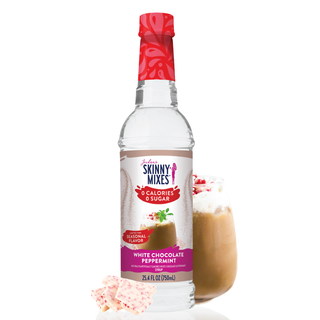 Jordan's Skinny Mixes sugar-free white chocolate peppermint syrup bottle with creamy drink in glass