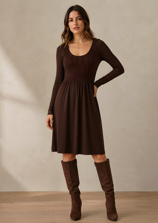 Chocolate long-sleeve knee-length dress with gathered waist and round neckline