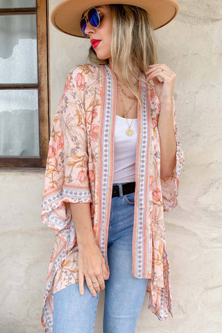 AMOLI - Blush Floral Border Printed Kimono Cardigan Cover Up