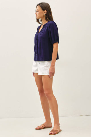 LINEN BLENDED RUFFLE TRIM FRONT TIE BLOUSE