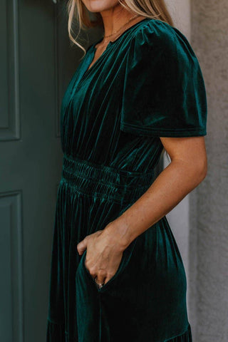 Evergreen Velvet Shirred Waist Maxi Dress