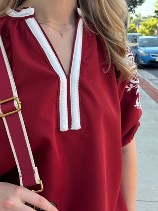 Burgundy Top with Embroidered Sleeve