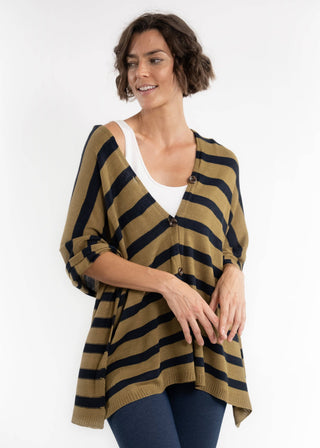 Elietian Line Up Striped Poncho – tan and dark striped poncho with button-front V-neck and dolman sleeves