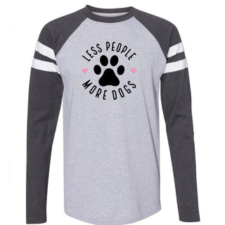 Less People More Dogs Baseball Tee with heather gray body and navy sleeves