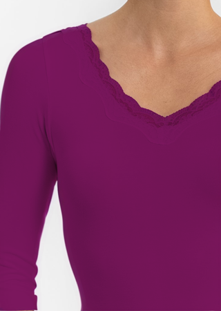 Berry long-sleeve top with lace-trim V-neckline