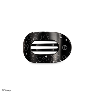 Black round hair clip with subtle Mickey silhouettes pattern and a 3-slot center.