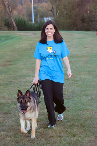 Blue graphic boyfriend tee with yellow dog logo, crew neck, short sleeves