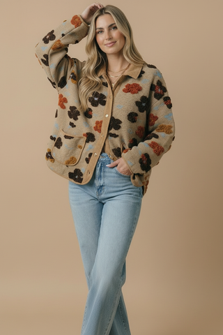 Corduroy Puff Flower Color Block Jacket