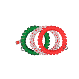 TELETIES three-strand set of beaded hair ties: green, red, and white striped spiral rings