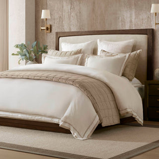 Olliix - Refined Embroidered Linen Blend Duvet Cover Set, White/Gold