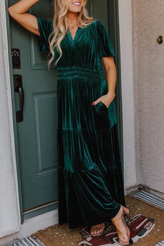 Evergreen Velvet Shirred Waist Maxi Dress