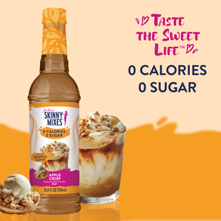 Jordan's Skinny Mixes Sugar Free Apple Crisp Syrup – apple crisp syrup bottle and creamy drink, labeled zero calories and zero sugar