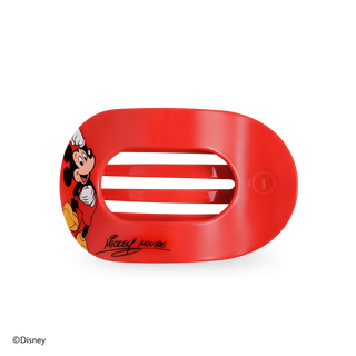 Red round hair clip with Mickey Mouse character art and a 3-slot center.