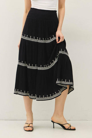 EMBROIDERED DETAIL TRI-TIER MIDI SKIRT