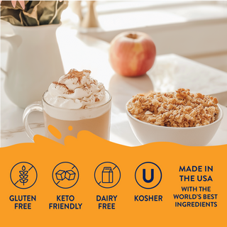 Jordan's Skinny Mixes Sugar Free Apple Crisp Syrup – creamy topped drink beside a bowl of apple crisp crumble