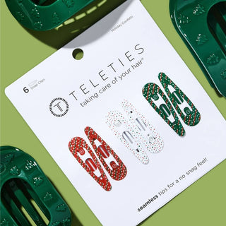 TELETIES holiday confetti hair clip card with six clips, red and green striped and dotted