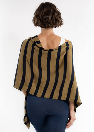 Elietian Line Up Striped Poncho – tan and dark striped poncho with open-back neckline and draped sleeves
