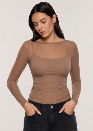 Elietian Seamless Sheer Mesh Top in Toffee over a matching cami with black jeans