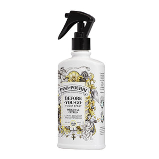 Toilet spray bottle with black trigger on white bottle, original citrus