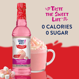 Jordan's Skinny Mixes pink peppermint marshmallow mix bottle with pink mug and whipped marshmallow foam