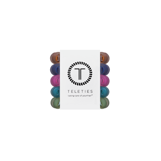 Colorful tiny hair tie set on display card, Teleties brand packaging