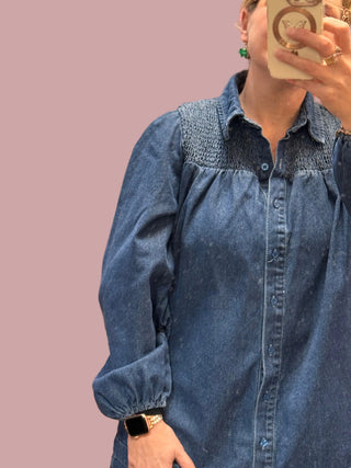 Denim Smocked Accent Dress by Carole Christian L / Light Denim Denim Smocked Accent Dress by Carole Christian L / Light Denim
