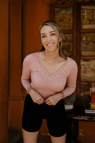 Lace Trim Long Sleeve: Dusty Rose