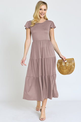 Plus Size Solid Flutter Sleeve Tiered Tea Length Dress