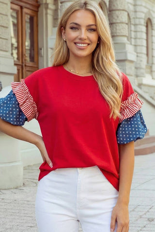 Plus Size 2026 Stars Stripes Short Puff Sleeve Top