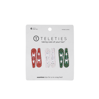 TELETIES holiday confetti hair clip card showing six clips in red, white, green designs