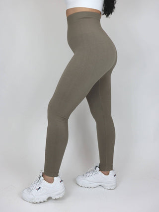 Elietian Ribbed High Waist Leggings in Vintage Khaki, side view