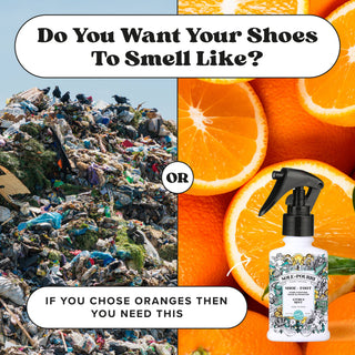 Shoe and foot odor spray bottle with black trigger, Citrus Mint scent beside oranges.