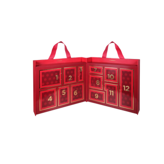 TELETIES red fold-out holiday advent calendar with numbered doors 1–12 and two ribbon straps
