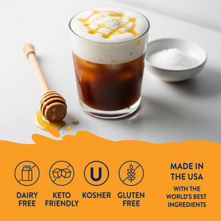 Jordan's Skinny Mixes sea salt honey syrup in iced coffee with whipped cream and honey drizzle, plus honey dipper