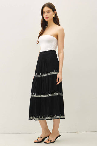 EMBROIDERED DETAIL TRI-TIER MIDI SKIRT