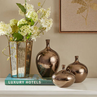 Metallic Bronze Ceramic Vases Set: Handmade 3 Piece