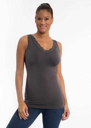 Lace Trim V Neck Tank: Charcoal