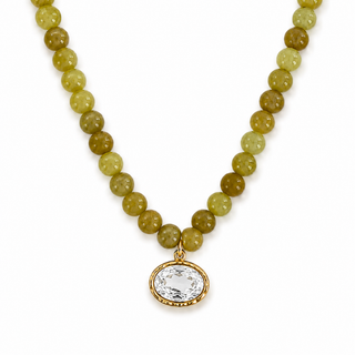 Olive beaded necklace with oval crystal pendant and gold-tone bail